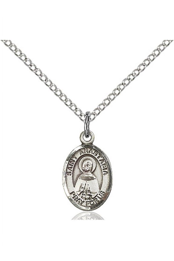 Sterling Silver St. Anastasia Pendant 1/2 x 1/4 inches with Sterling Silver Lite Curb Chain