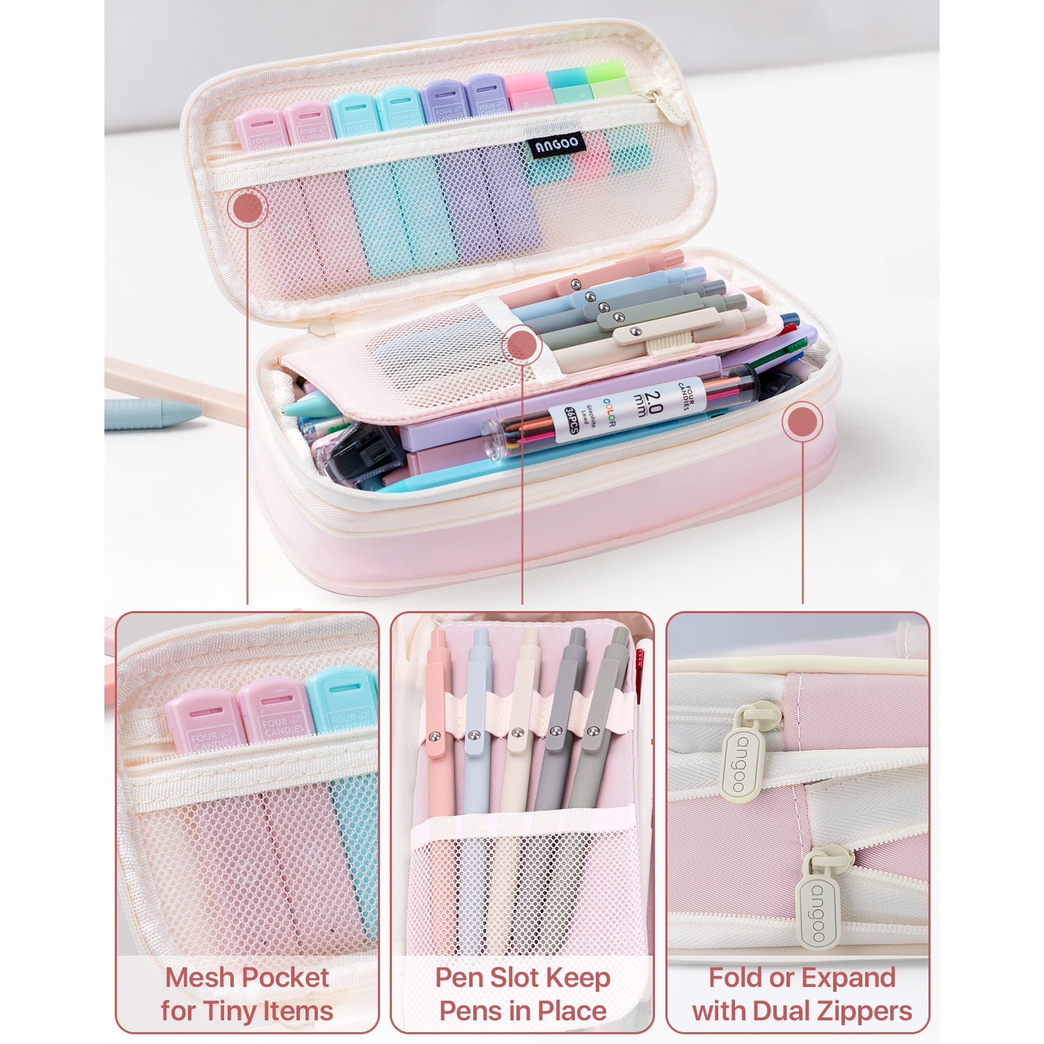 Four Candies 58 PCS Aesthetic Supplies with Cute Pencil Case, 6 Multicolor Pens, 12 Pastel Highlighters, 5 Gel Pens Black Ink, 9 Mechanical Pencils and 100 sticky notes in 2 sizes, College Essentials