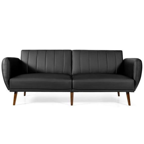 Gymax Convertible Futon Sofa Bed PU Adjustable Couch Sleeper w/Wood Legs Black