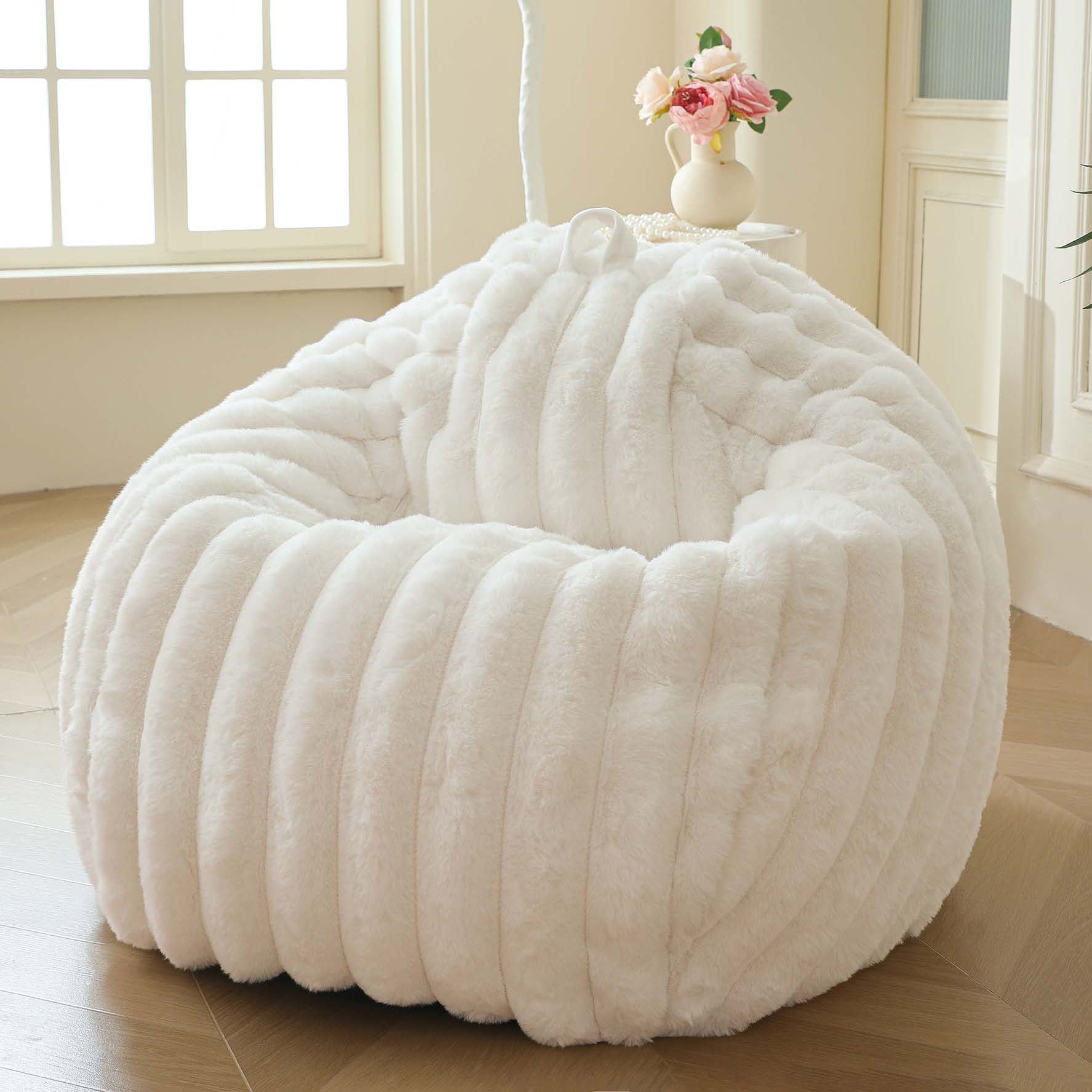 XeGe Kids Fluffy Faux Rabbit Fur Bean Bag Chair Cover(No Filler), Soft Ivory Shaggy Wide Striped Stuffed Animal Storage Bean Bag, Home Decor Ribbed Fuzzy Beanbag Cover Kids Girls Teens Adults, Beige