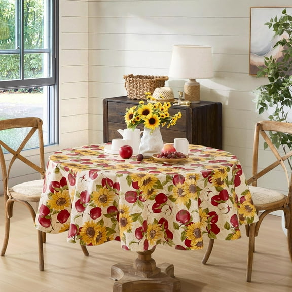 Daybreak Red Apples and Sunflowers 70 Inch Round Vinyl Tablecloth with Flannel Backing
