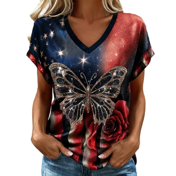 XIAONU Women's American Flag Floral Butterfly Print T-Shirt Short Sleeve V Neck Pullover Tee Soft Patriotic Casual T-Shirts