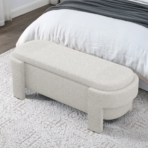 Linen Fabric Upholstered Storage Bench, Large Hidden Storage Space, Entryway Bench with Sturdy Wood Legs, Shoe Bench for Living Room, Bedroom, Hallway, Beige Stripe