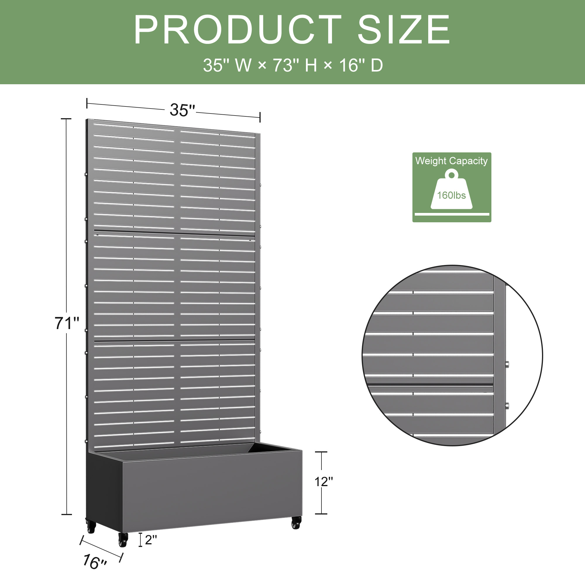 MAYEERTY 35*16*71"Outdoor Gray Metal Planter with Rect Louvered Climbing Trellis, Drainage hole & Wheels