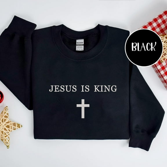 Jesus Is King Embroidered Unisex T-shirt Sweatshirt Hoodie, Christian Shirt, Cross On The Sleeve,Jesus Lover Shirt, Couples Gift Shirt.