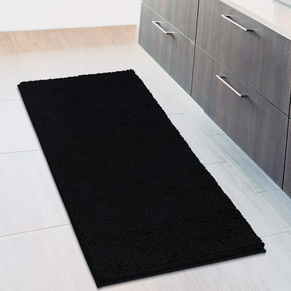 MAYSHINE Large Soft Plush Microfiber Bathroom Rug or Floor Runner Shag Carpet |Machine Washable, Water Absorbent, Non-Slip, Quick Dry Chenille Bath Mat (Black, 27.5x47)