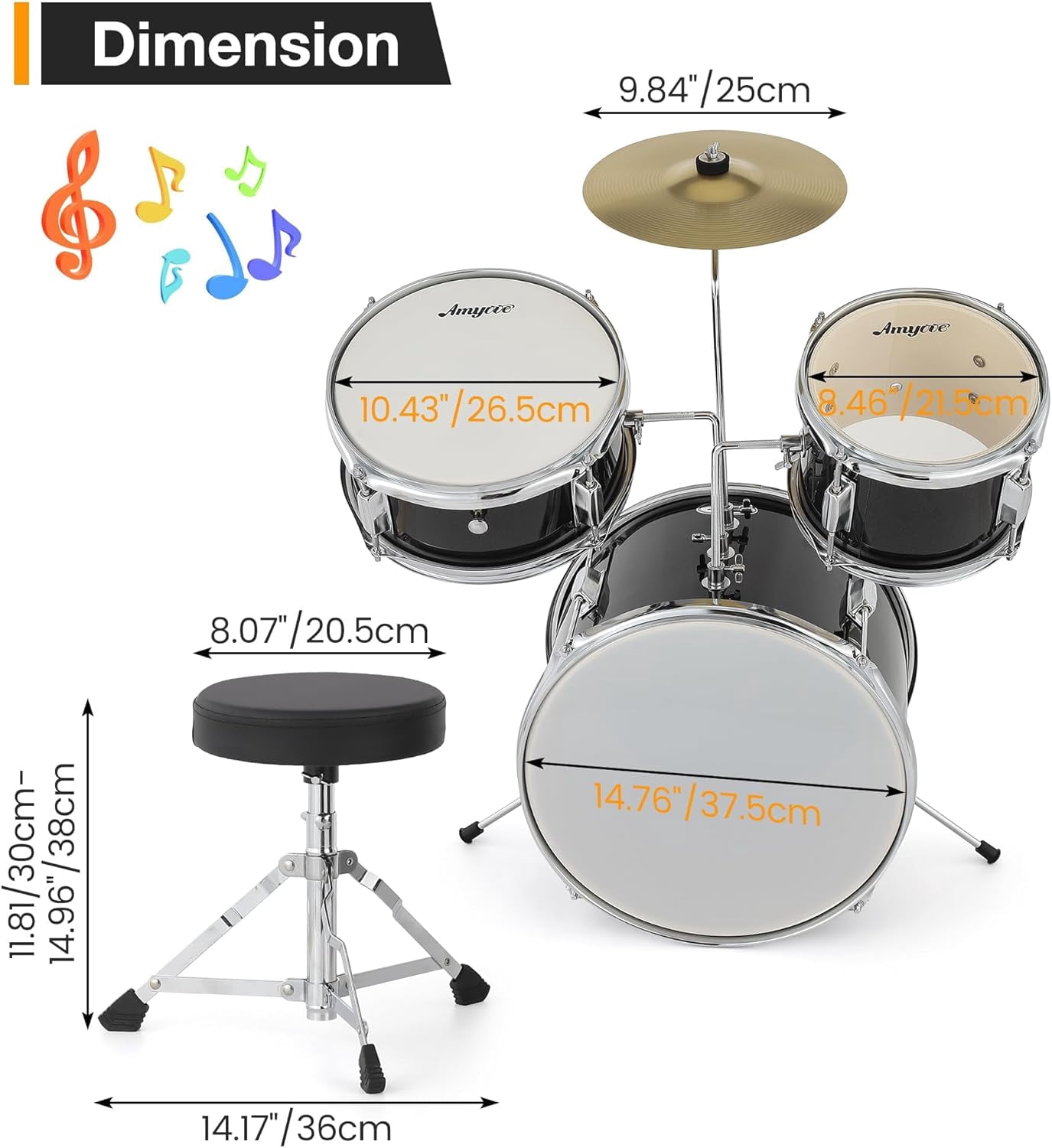 Drum Set, Drum Kit for Beginner With CymbalM, Tom, Bass Drum, Drumsticks, Bass Pedal, With Drum Stool, Metal AD 150, 3Pcs Drum Set, Percussionl Musical Holiday Gift for Boys and Girls,Black