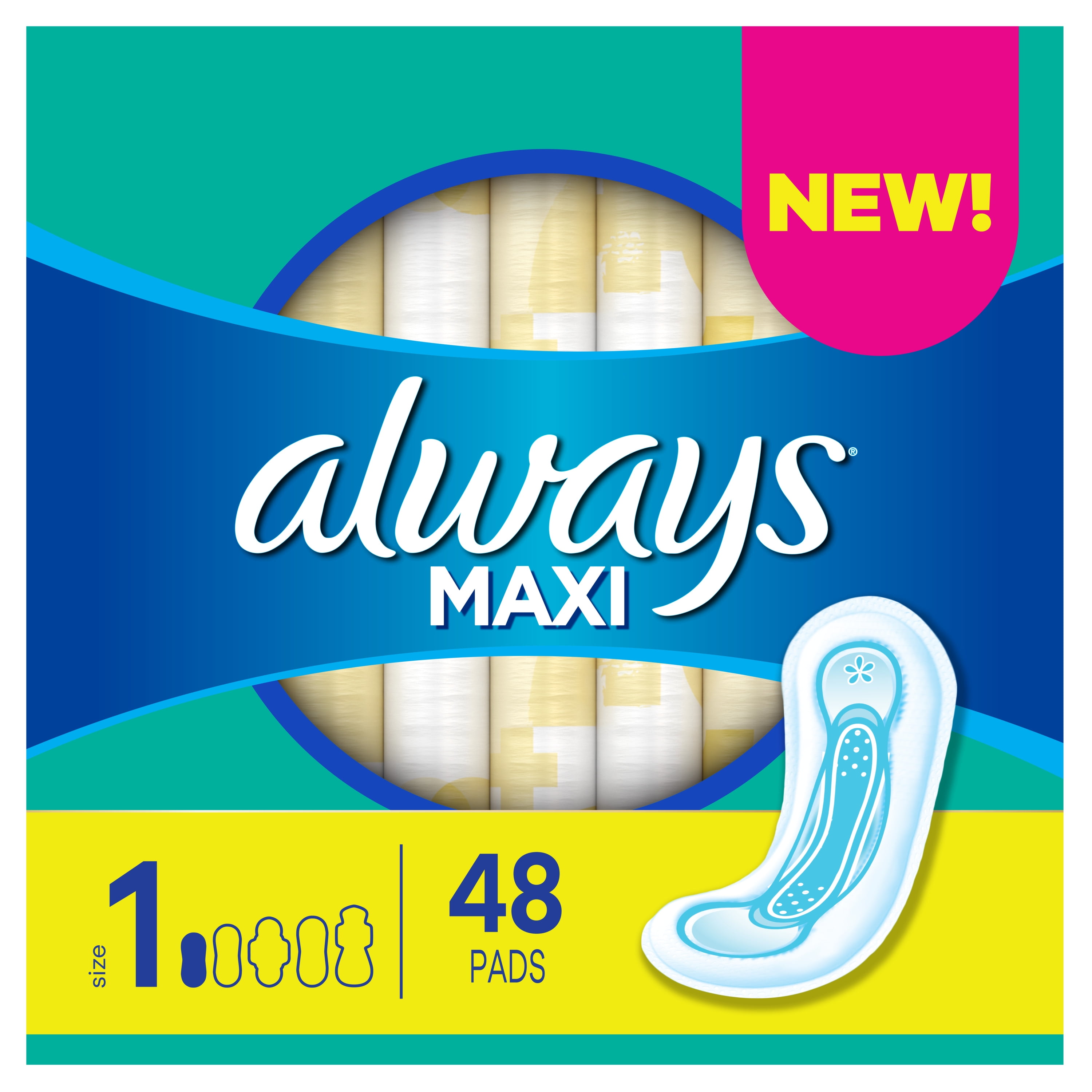 Always Maxi Pads without Wings, Unscented, Regular, Size 1, 48 Ct