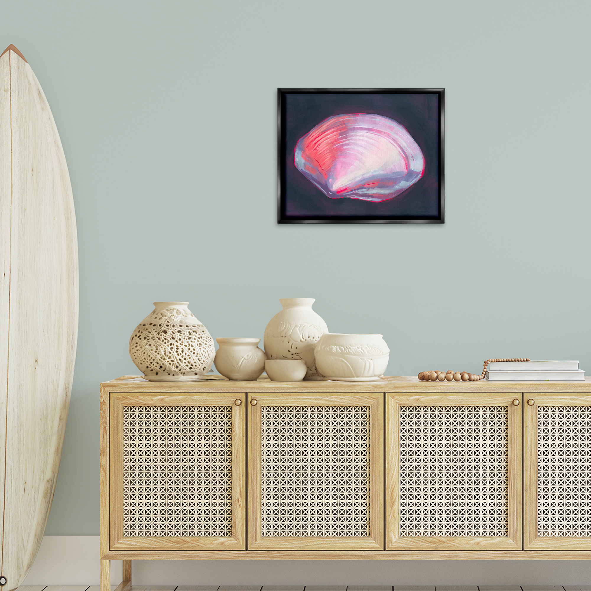 Stupell Industries Pink Clam on Black Animals & Insects Painting Black Floater Framed Canvas Art Print Wall Art, 21 x 17