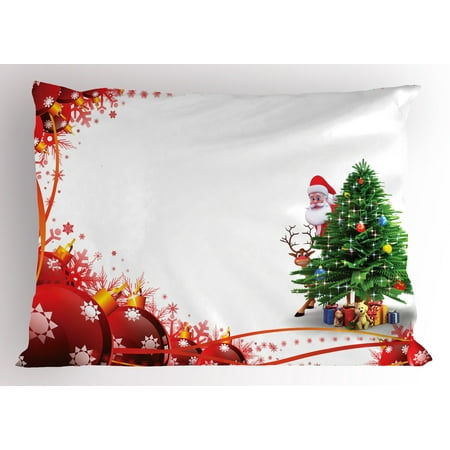 Frame Pillow - Santa Pillow Sham Father Christmas and Reindeer Smiling behind a Festive Pine Tree in Red Balls Frame, Decorative Standard Size Printed Pillowcase, 26 X 20 Inches, Multicolor, by Ambesonne