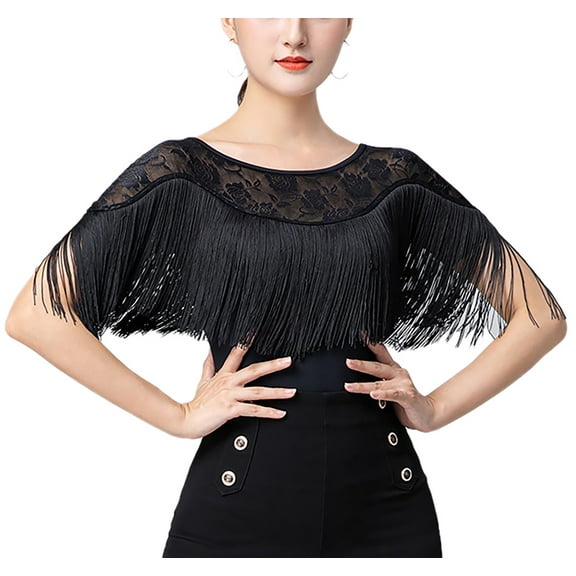 Social Dance Events Practice Fringe Leotard Body Tops Stretch Lace Round Neck Inner Pants Included W/ Snap Buttons