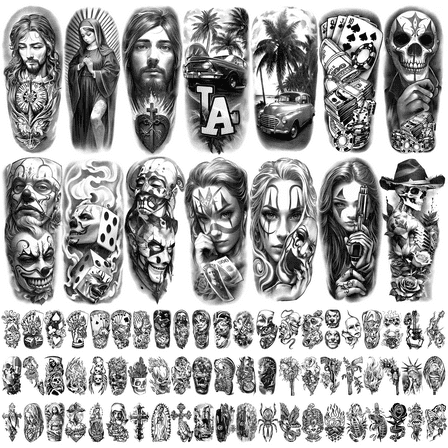 Yazhiji 77 Sheets Large Chicano Temporary Tattoos, Chicana Guadalupe Gangster Fake Tattoos Prisoner Day of the Dead, Lowrider Style Culture Mexico Chicano Clown Tattoo Stickers for Men Women Adult