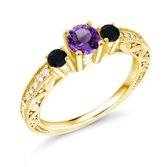 Gem Stone King 0.81 Ct Round Purple Amethyst Black Onyx 18K Yellow Gold Plated Silver Ring (Size 5)