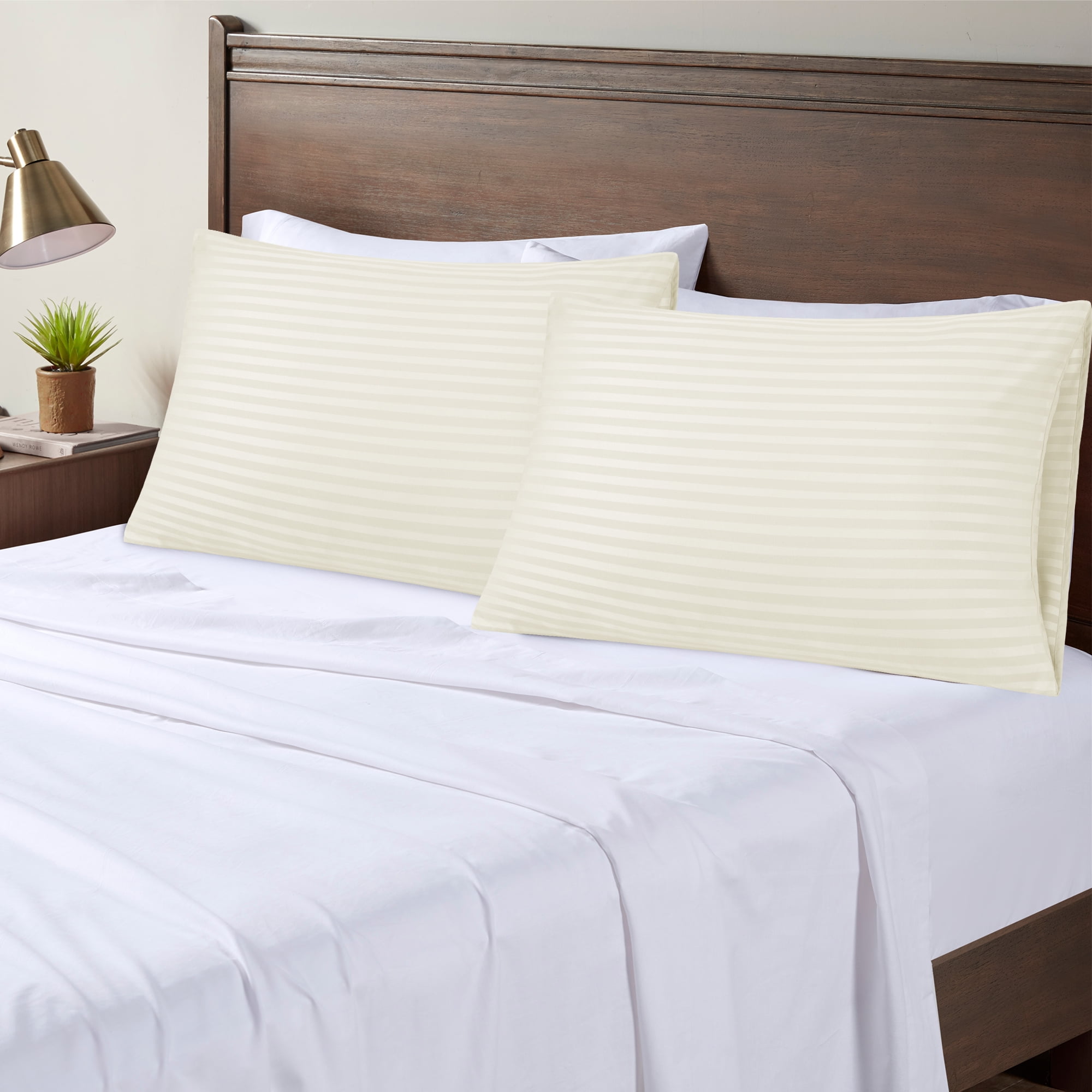 Unique Bargains Soft Durable Set of 2 Microfiber Striped Pillowcase Khaki King (20"x36")
