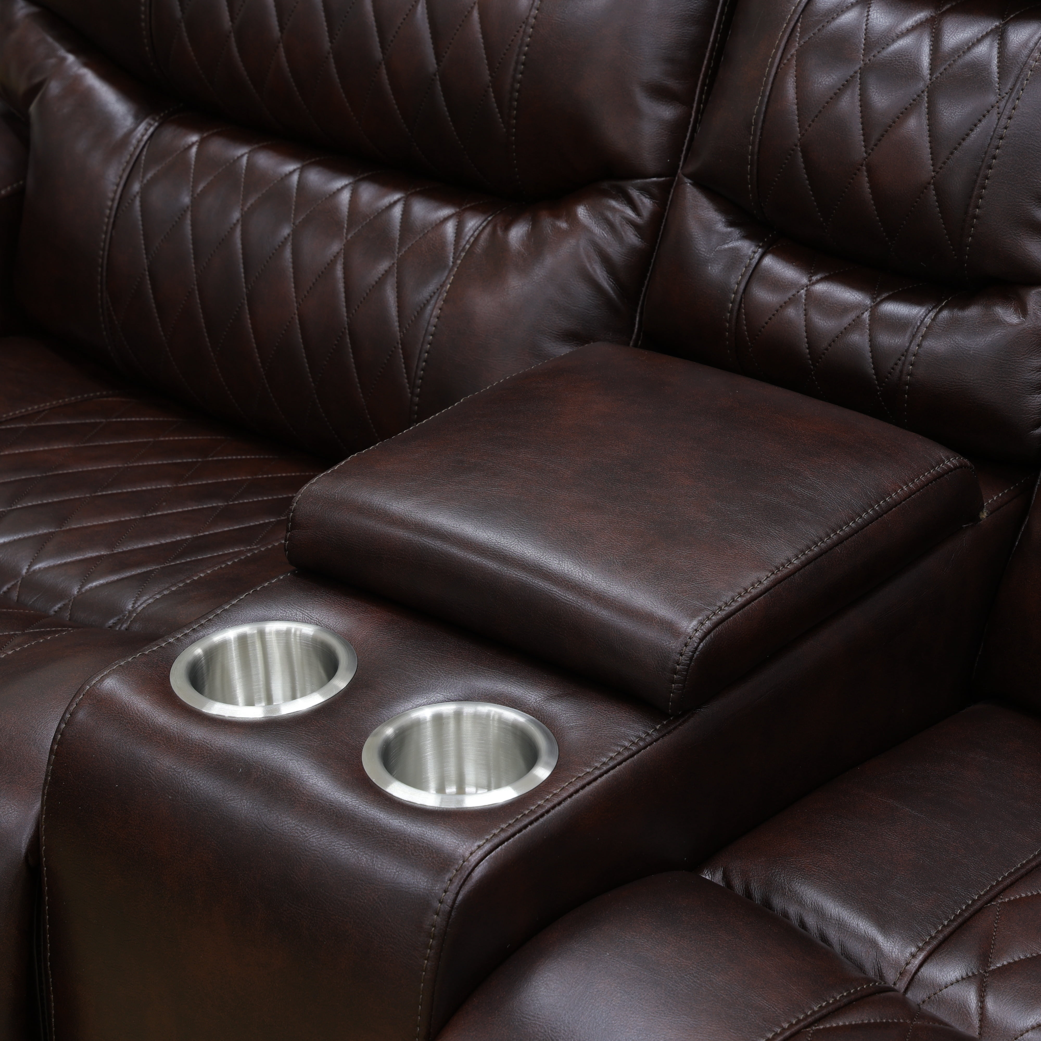 Gewnee Loveseat Power Reclining Multifunctional Sofa, Air Leather, Storage Console, Cup Holders,Dark Brown
