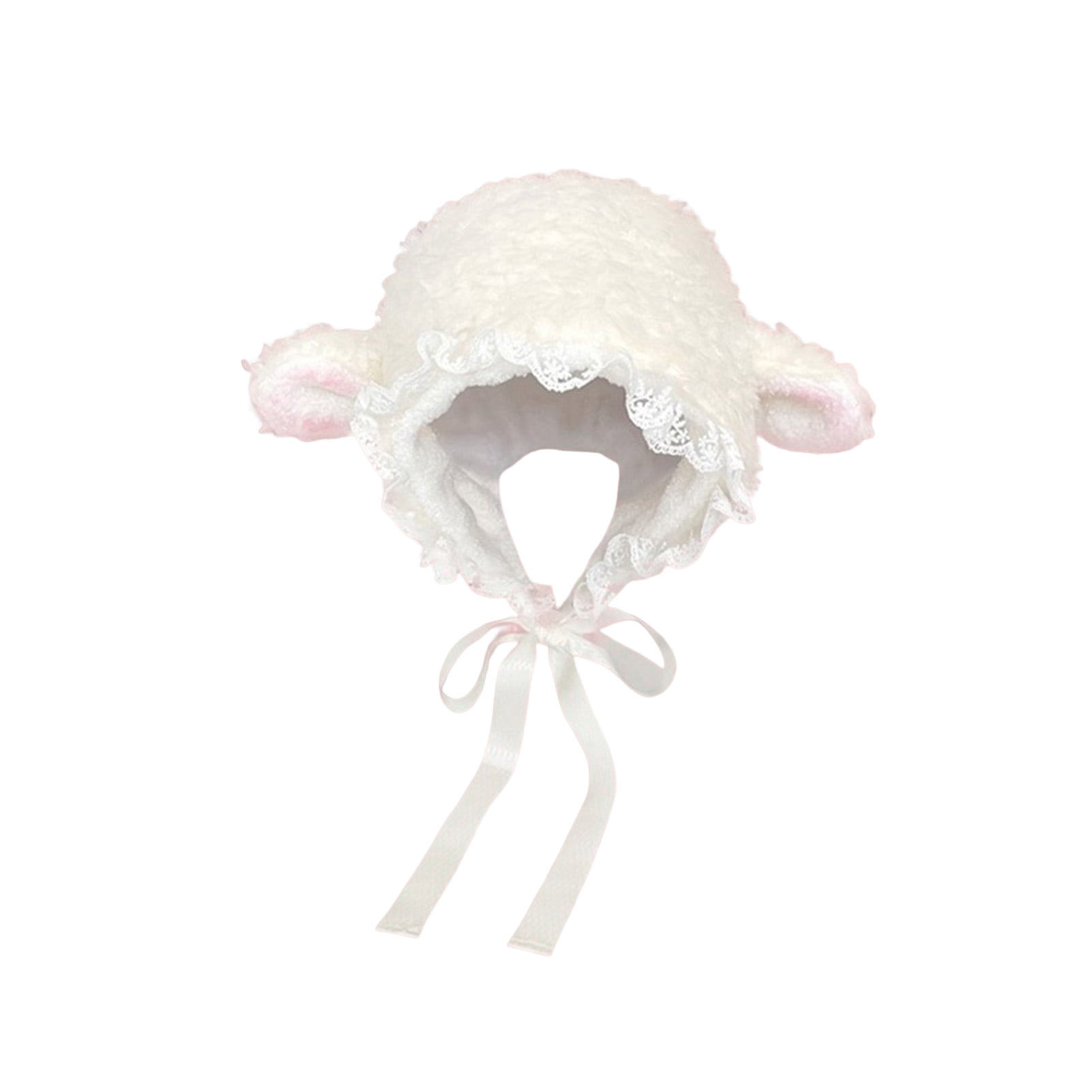rygai Ladies Hat Photo Prop Sheep Ear Decor Solid Color Fluffy Thick Keep Warm Windproof Adjustable Winter Hat for Students,White