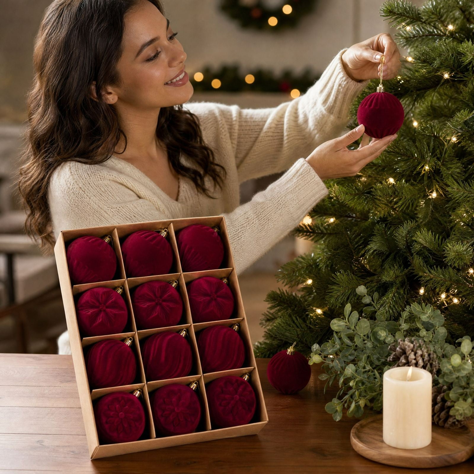12-Pack Velvet Flocked Christmas Ball Ornaments with Embossed Pleated Flower & Wavy Designs for Tree Mantel Wreath Decor - Shatterproof Plastic Wine Red