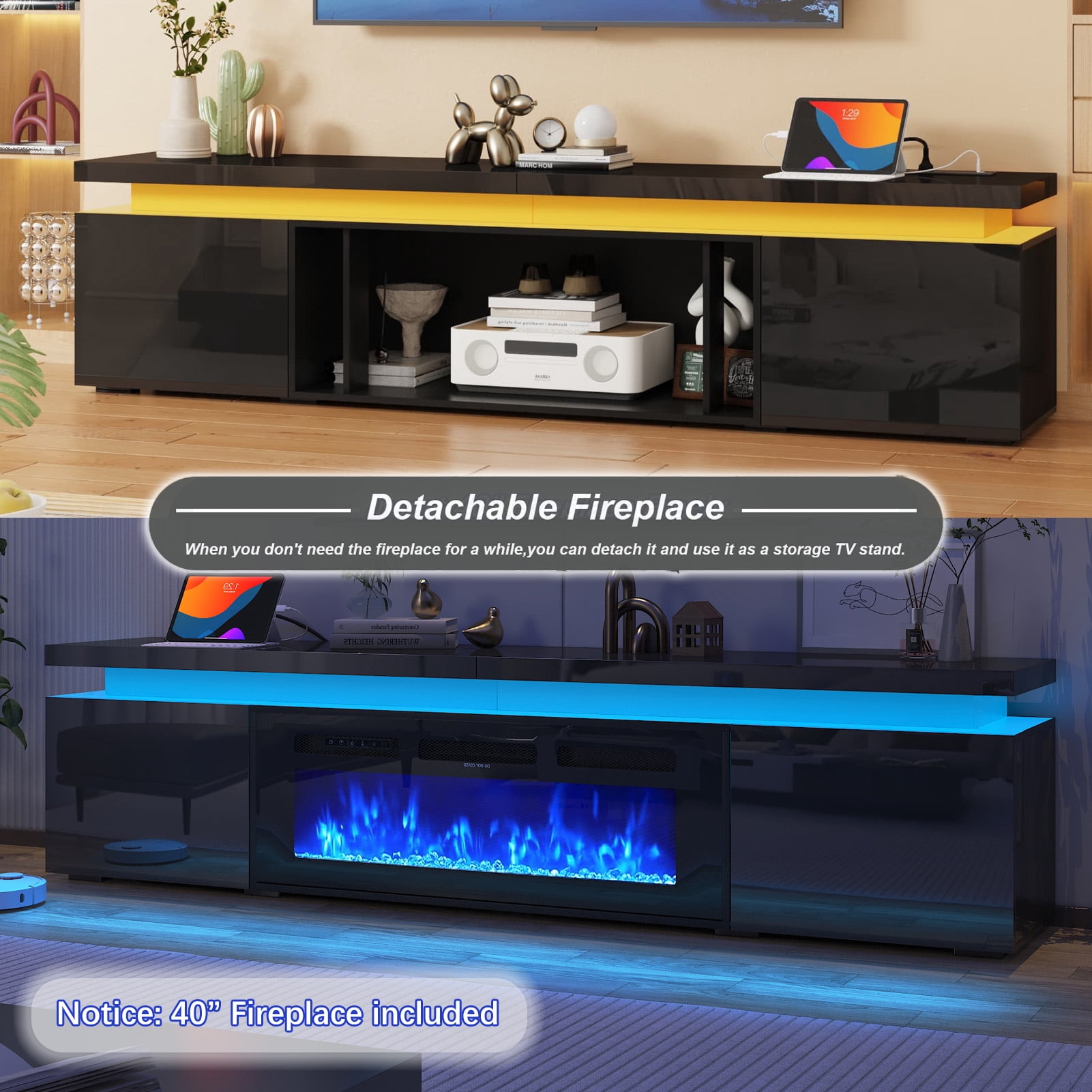 70" LED TV Stand with 40" Fireplace for Modern Living Room, Glossy Fireplace TV Stand Gaming Entertainment Center with Power Outlet for 85/80/75 Inch TVs