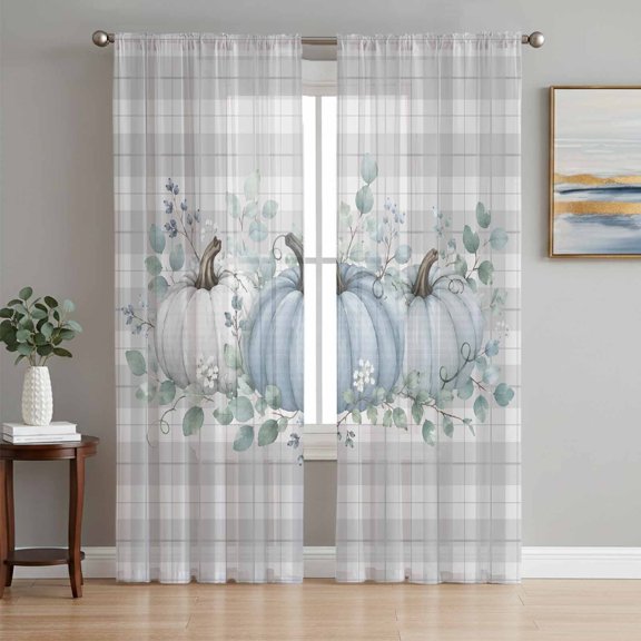 Teal Pumpkins Fall Sheer Curtains 63 Inches Long, Thanksgiving Eucalyptus Grey Checked Light Filtering Window Curtains for Living Room, Rod Pocket Voile Sheer Curtain Drapes, 52"W x 63"L, 2 Panels