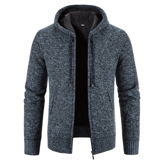 Winter Clearance!Brilliant Fleece Parka Men Sweater Coat Casual Loose Zipper Double Pockets Plush Thickened Sweater Cardigan Long Sleeve Hooded Coat/Jacket Blue L