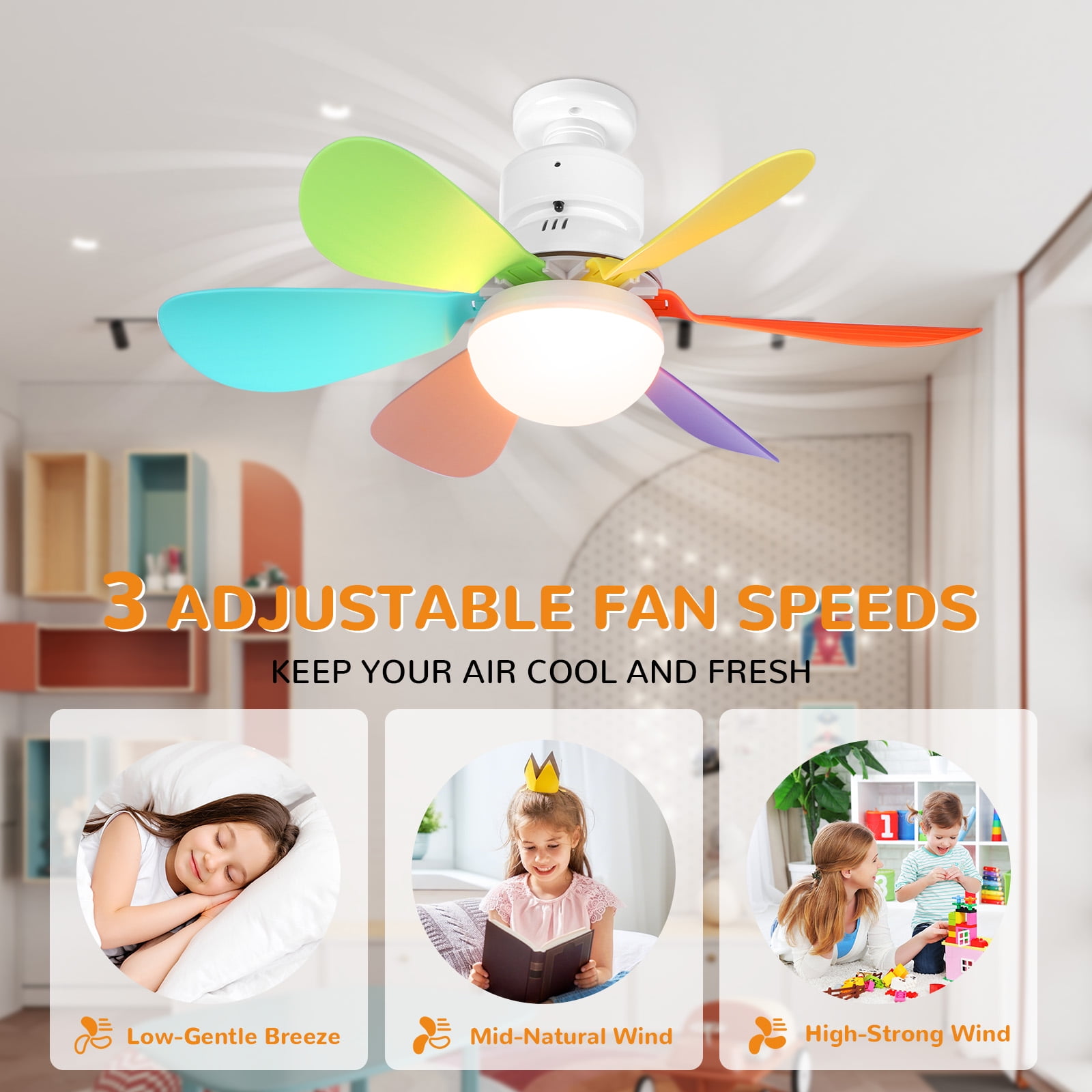 Laybasic Socket Fan Light with Remote, 16.5 Inch Screw in Ceiling Fan Dimmable 3 Colors 6 Speed with Timer Light Bulb Fan for Kid Room, Bathroom, Bedroom, Kitchen
