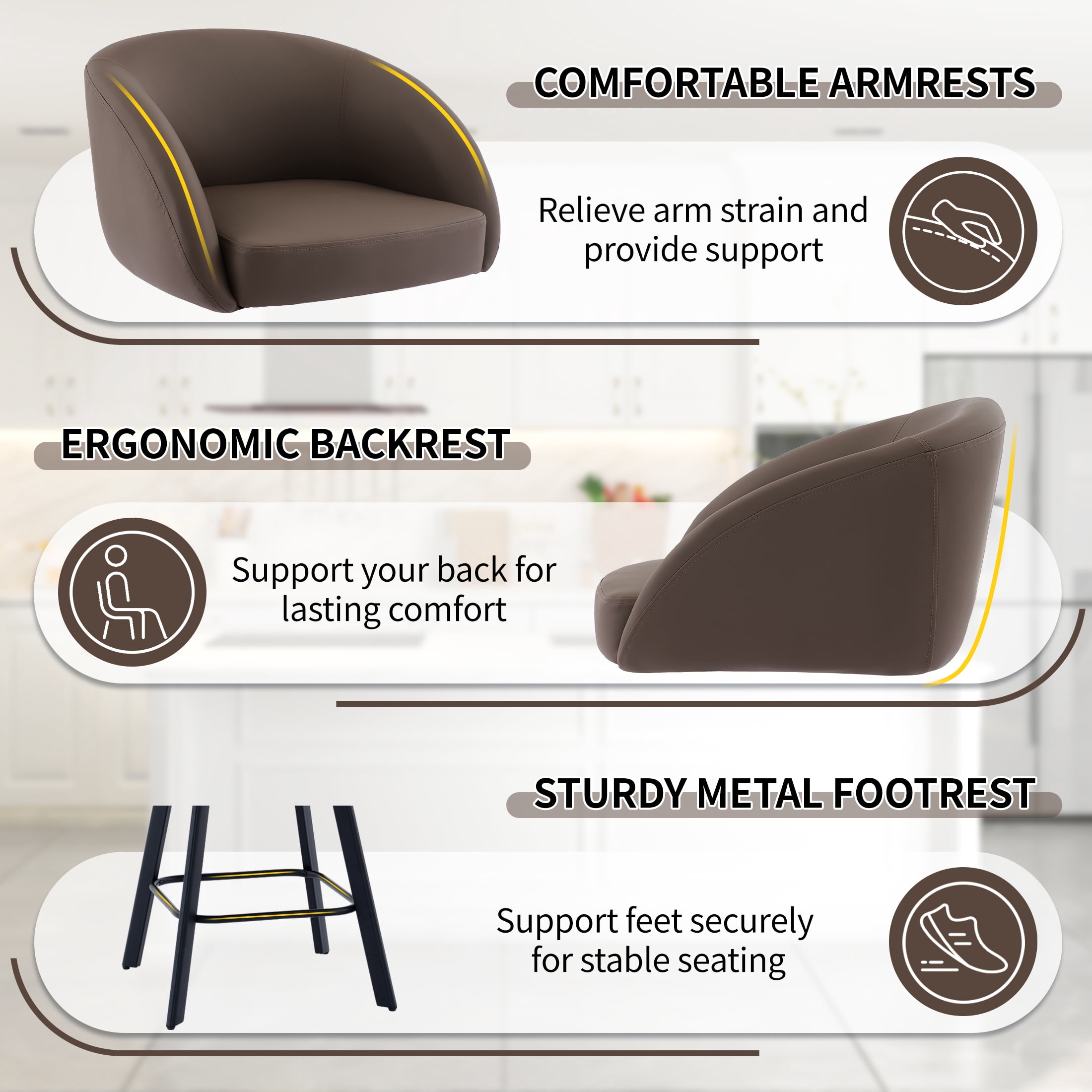 FIRAVOE Bar Stools Set of 2, Swivel Counter Height Bar Stools with Back & Arms (26") Faux Leather Bar Chairs for Kitchen Island, Coffee Brown