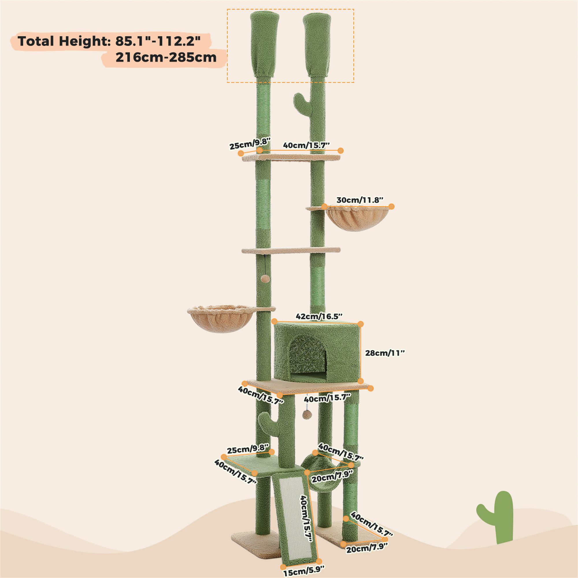 Kadyn Adjustable Height(85-112 in) Cat Tree Tower Floor to Ceiling with 7 Tiers Cat Climbing Activity Center, Cozy Hammocks, 5 Platforms for Indoor Cats, Green