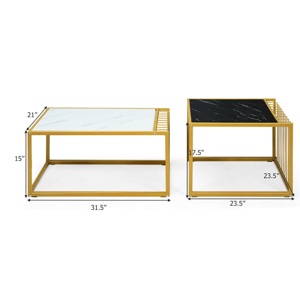 Finihen Side Table, Rectangular Coffee Table, Set of 2 Modern Stackable 31.5 Inch Side Table with Waterproof Faux Marble Tabletop, for Living Room, Black & White