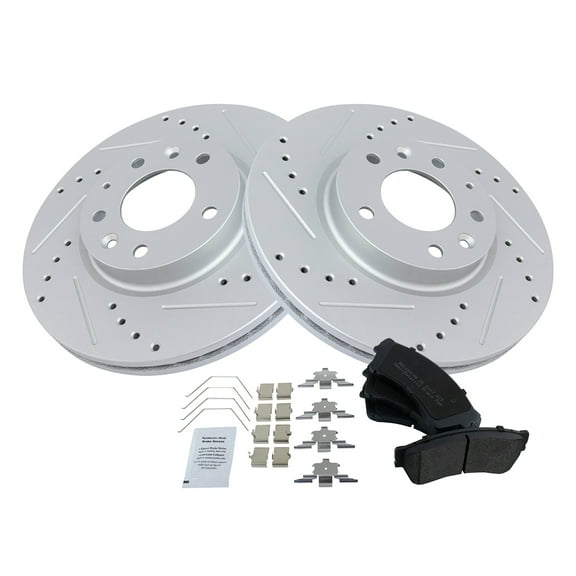 TRQ Brake Rotor Drilled & Slotted Coated & Semi-Metallic Pad Front Set Fits Select Ford