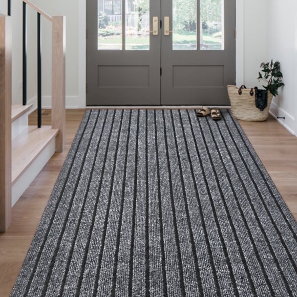 Morefany Outdoor Indoor Runner Rug Custom Size Rugs Non-Slip Hallway Carpet Runners with Rubber Backing Mat for Kitchen Entryway Garage Laundry 2ft x 8ft, Grey Striped
