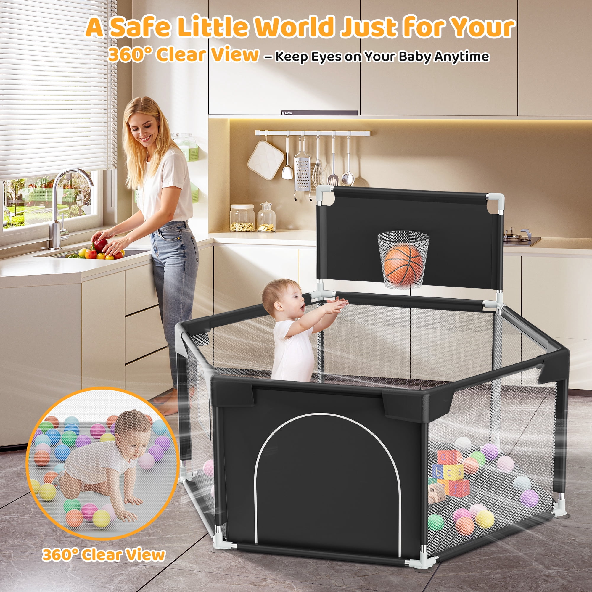babyeap Baby Playpen with Basketball Hoop,Playpen for Babies and Toddlers,Hexagonal Fence Baby Play Yards,Black