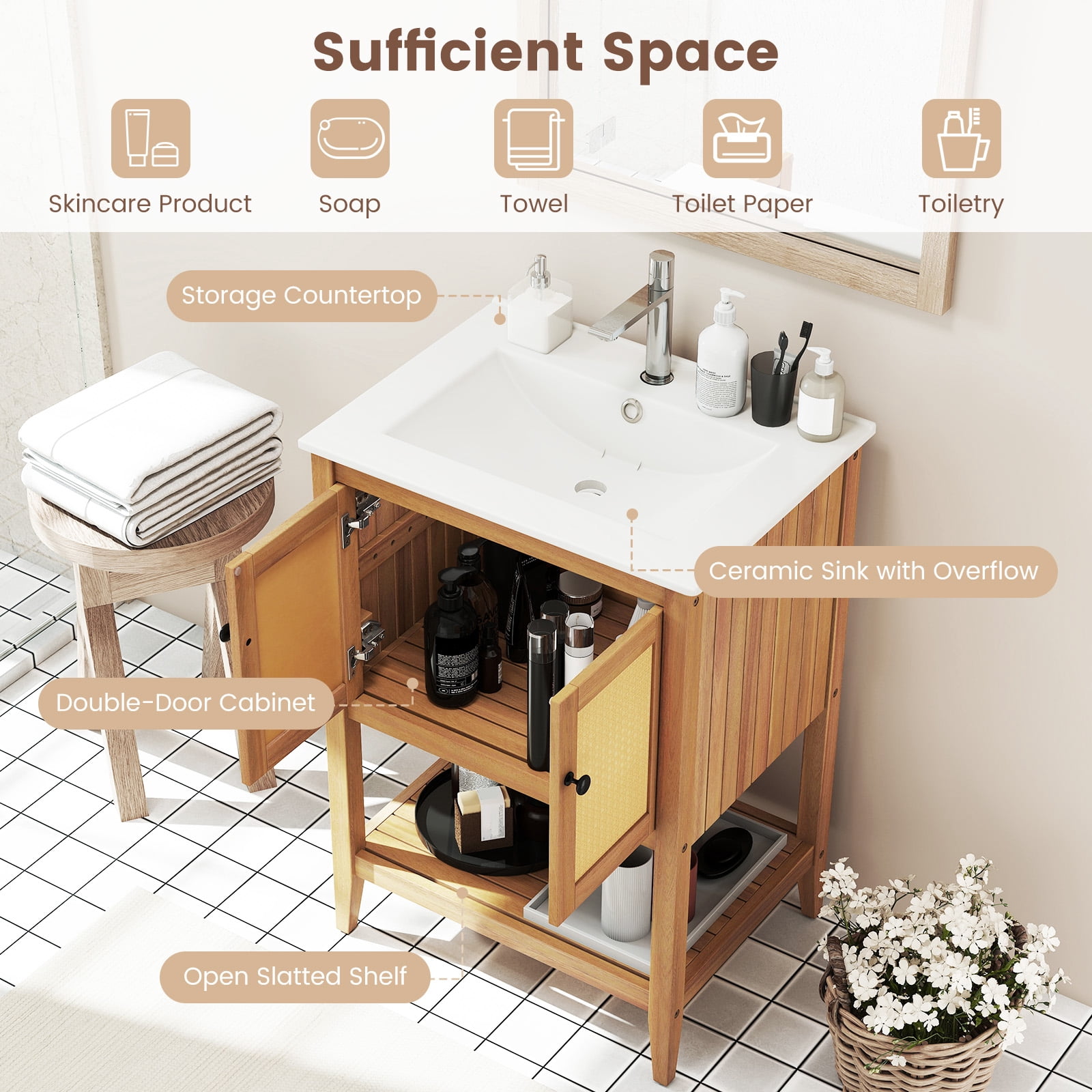 Gymax 24'' Bathroom Vanity w/ Sink 2 Rattan Doors & Open Slatted Shelf Freestanding