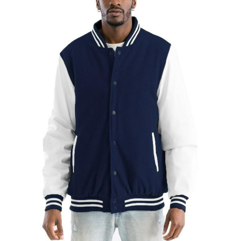 Navy blue and white letterman jacket sale