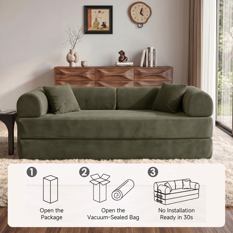 Anpport 78.8" Compression Boneless Sectional Sofa, Convertible Floor Sleeper Bed with Pillow Back Armrest, Corduroy Fabric, Green, for Living Room Bedroom