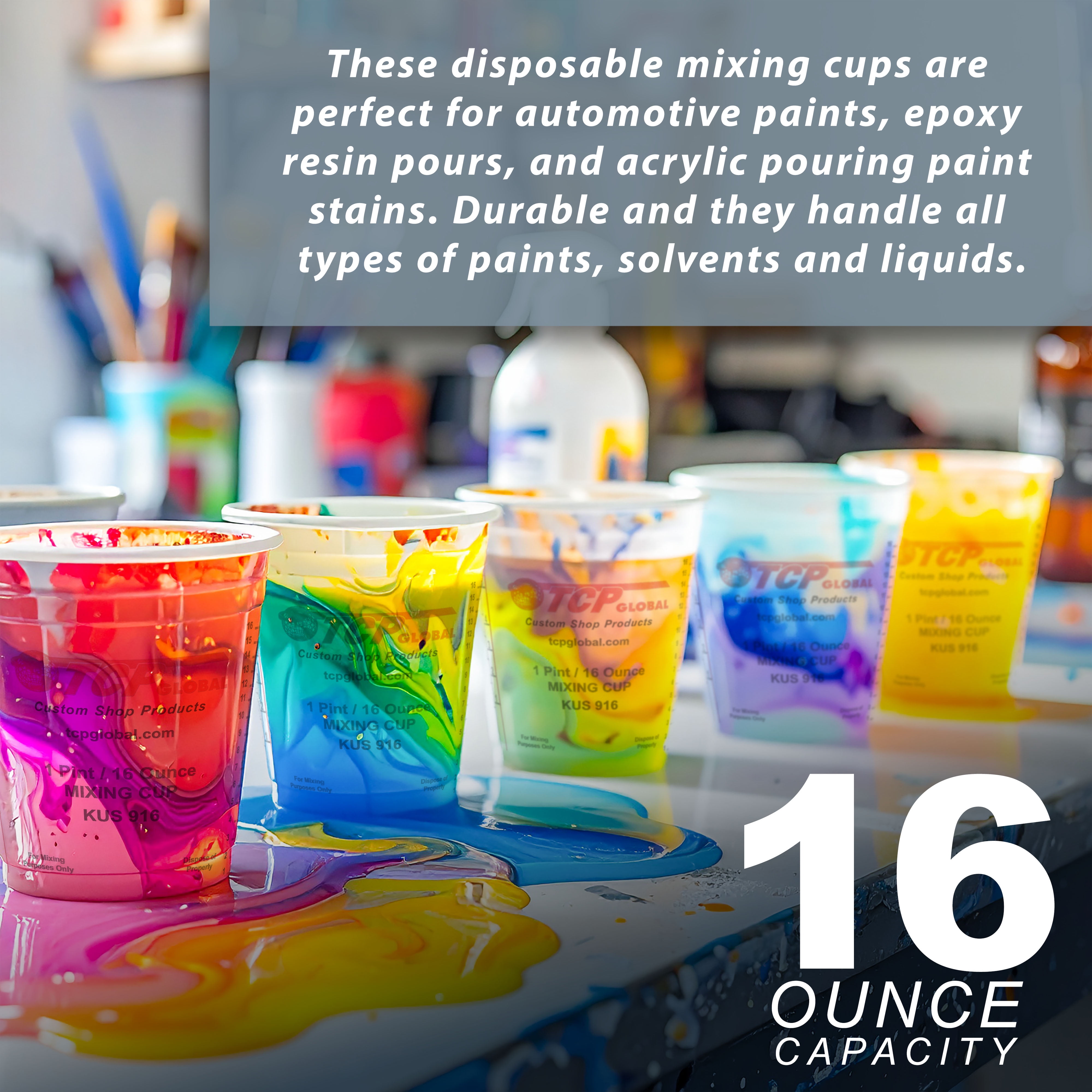 Custom Shop Paint Mixing Cups Plastic Measuring Cup Epoxy Resin, Disposable or Reusable, 16-Ounce (Pint) - Box of 100 - Graduated, Mixing Ratios, Automotive Painting Acrylic Art Crafts