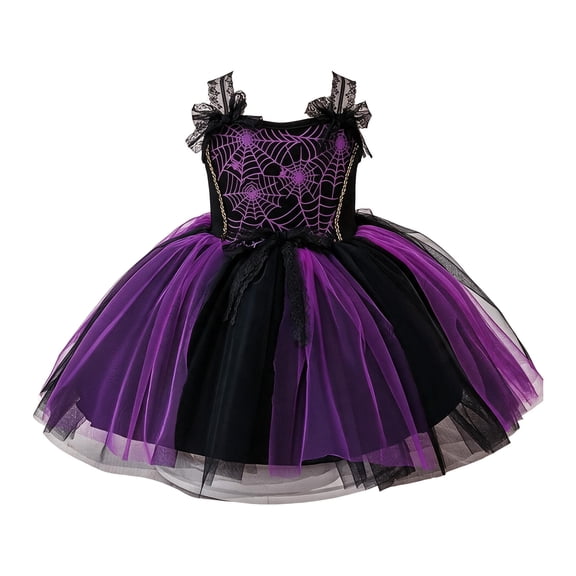 Virmaxy Toddler Dress Halloween Spider Web Print Lace Bow Shoulder Straps Layered Tulle Skirt Witch Costume for Fall Festival Sizes 6M-3T, Purple