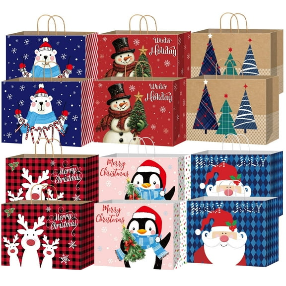 12 Pack Extra Large Christmas Bags with Handles, Christmas Paper Bags, Holiday Xmas Gift Bags with Handle, Christmas Bags for Gifts Wrapping, Party Supplies, New Year
