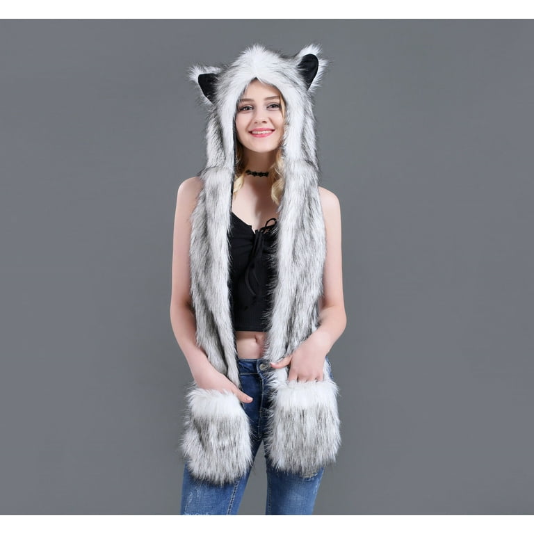 New Warm Plush Scarf Husky Hat Head Cover Faux Fur in