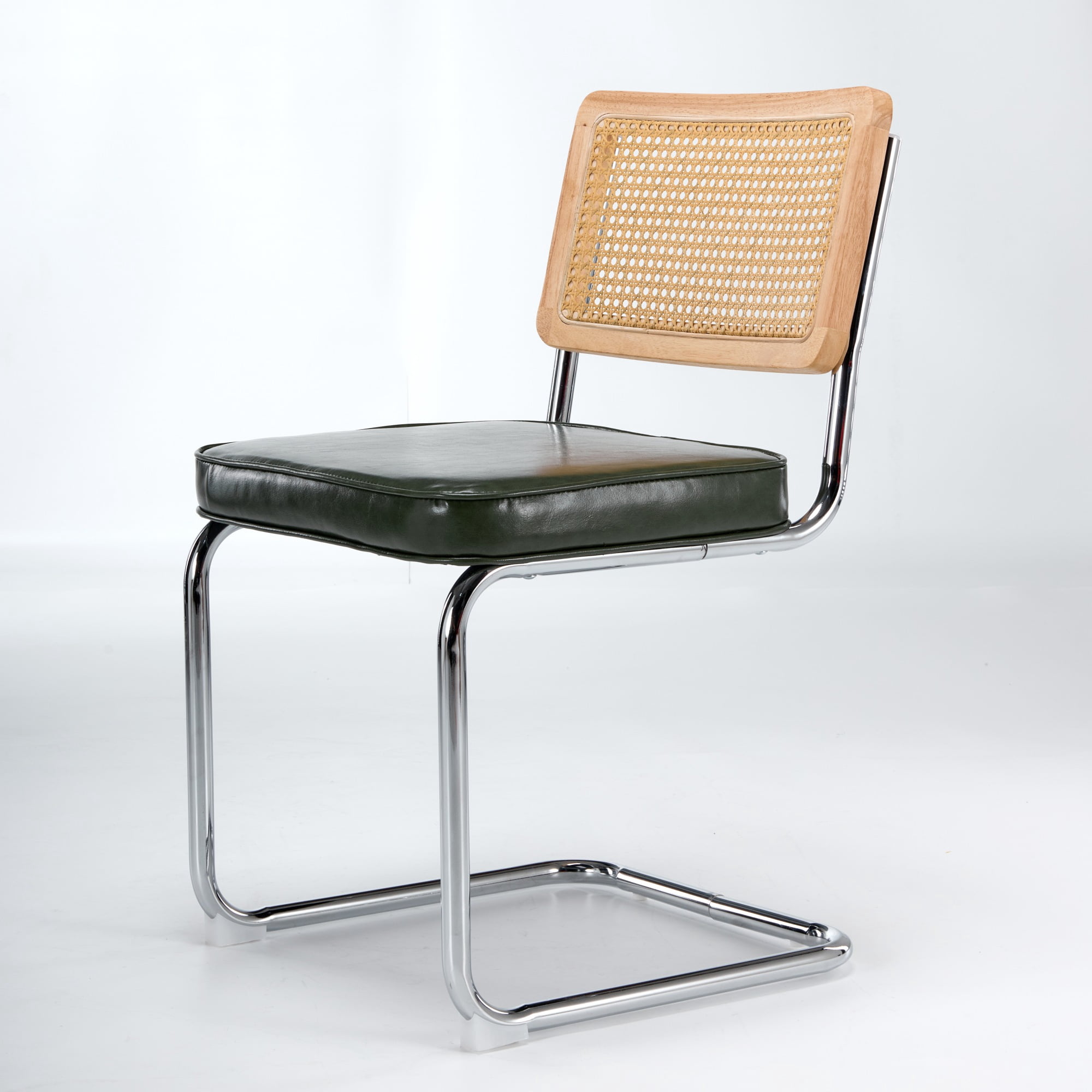 GARITIN Dining Chairs Set of 2, Mid-Century Cane Rattan Dining Chair with Solid Wood Frame, Faux Leather Seat, Cantilever Chrome Metal Armless Side Chair for Kitchen, Olive Green