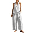 thumbnail image 2 of Gifts Dianli Two Piece Sets for Women Linen Two Piece Outfit Plaid Pattern V Neck Top and Wide Leg Pants Matching Linen Sets for Women Summer Vacation Travel and Casual Daily Wear Gray S, 2 of 7