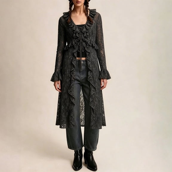 IUYRTFE Women's Deep V Neck Lace Cardigan Coat Long Sleeve Belted Waist Sheer Floral Layering Outerwear
