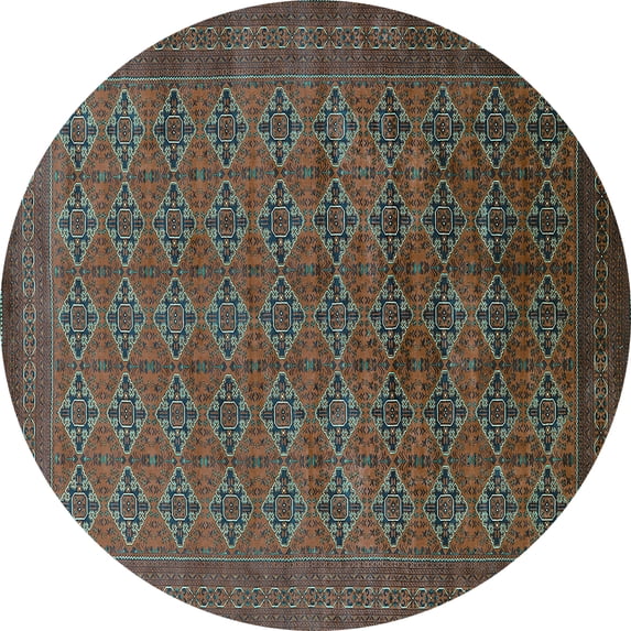 Ahgly Company Machine Washable Indoor Round Oriental Turquoise Blue Industrial Area Rugs, 8' Round