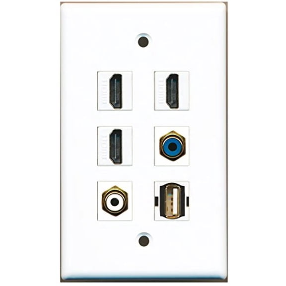 RiteAV - 3 HDMI 1 Port RCA White 1 Port RCA Blue 1 Port USB A-A Wall Plate