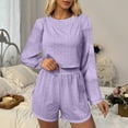thumbnail image 6 of ROHUUQUE Pajama Sets for Women 2 Piece Solid Long Sleeve Tops Hollow Out Elastic Waist Shorts Pjs Outfits, 6 of 9