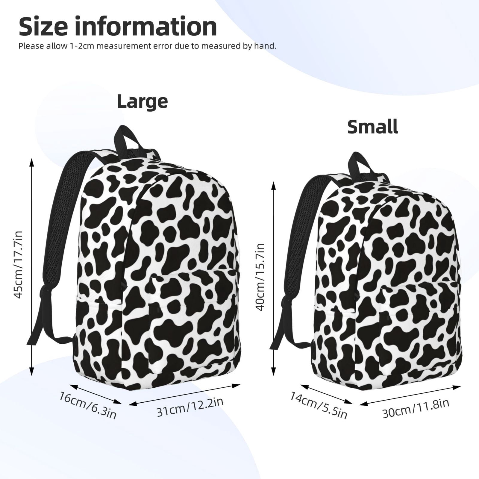 Casual Canvas Backpack Without Interlayer Large Capacity Stick Bag Design For Outdoor Shopping Office Outdoor Sports Black White Cow Print Small