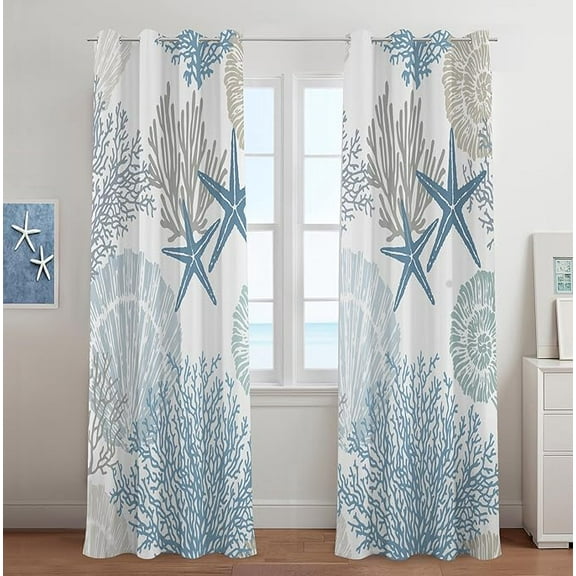 Coastal Window Curtains Grommet Drapes Nautical Beach Themed Thermal Insulating Light Blocking Privacy Curtain For Living Room, Bedroom 53"W x 84"L (Pack of 2)