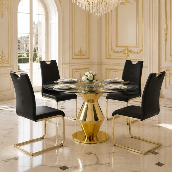 Sumdeal 5-Piece Round Glass Dining Set, 47.25-Inch Clear Table with 4 Black PU Cantilever Chairs, Gold Legs