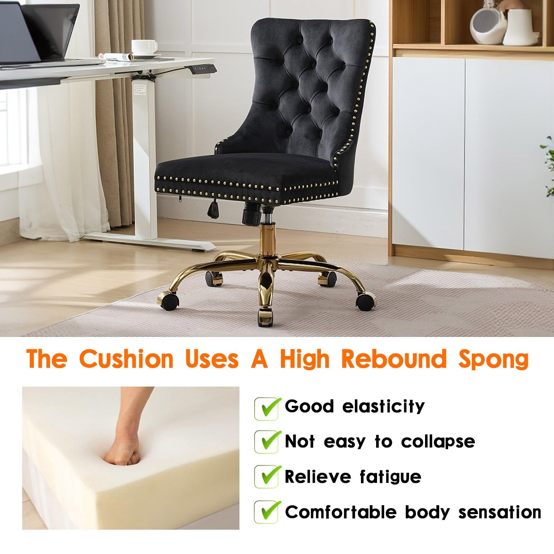 Pawverly Velvet Upholstered Office Chair, Tufted Button Swivel Desk Chair with Adjustable Height, Gold Metal Base & Wheels, Modern Vanity Chair, Black