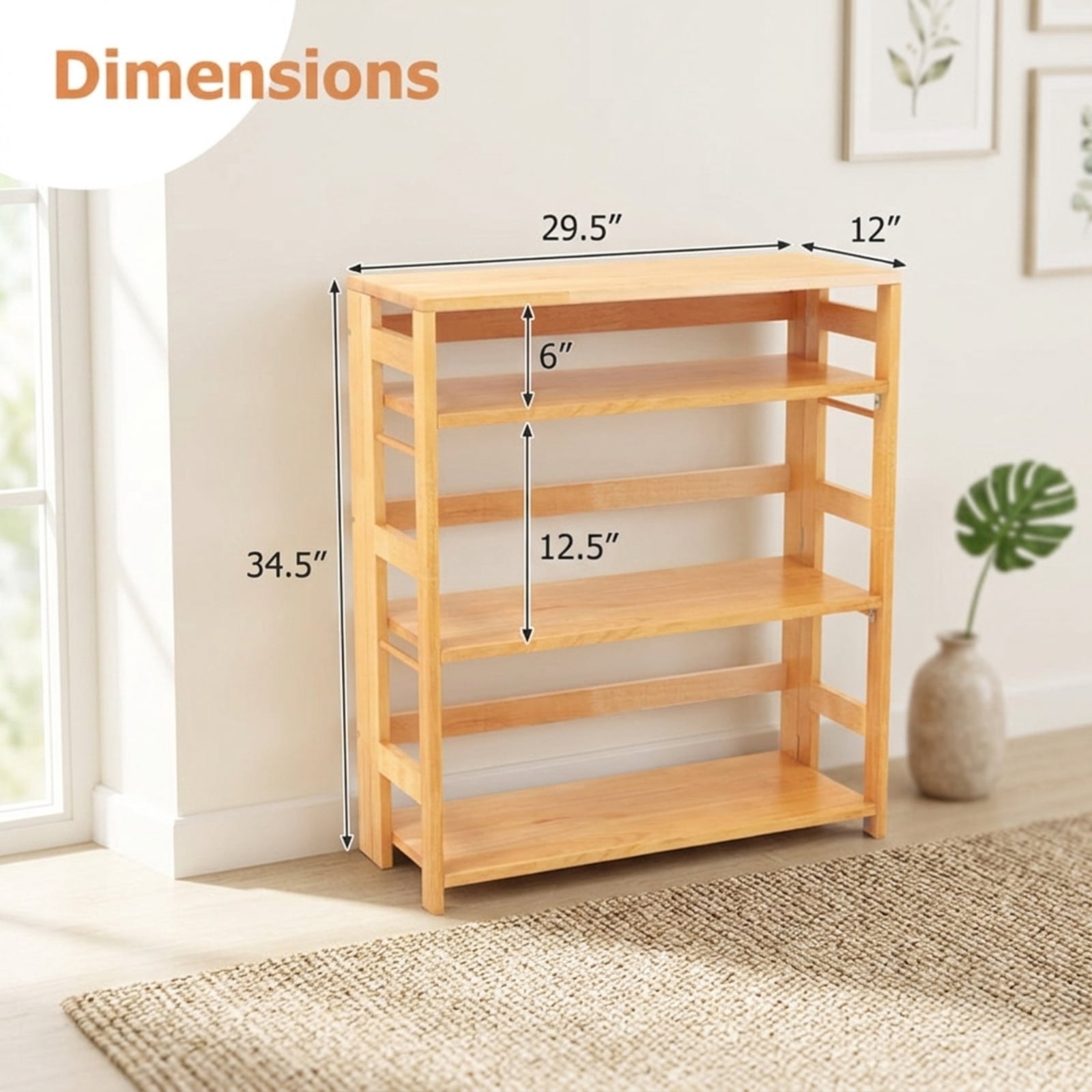 Furnibear 4-Tier Bookshelf Rubber Wood Bookcase with Side Fences for Living Room-29.5 inches for Living Room Home Office Bedroom Display, Natural