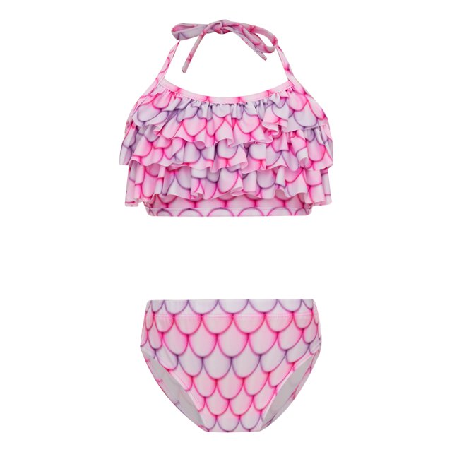 TiaoBug Girls 2 Pcs Mermaid Bikini Sets Shiny Halter Ruffles Crop Top with Triangle Brief Bathing Suit Tankini Pink 120